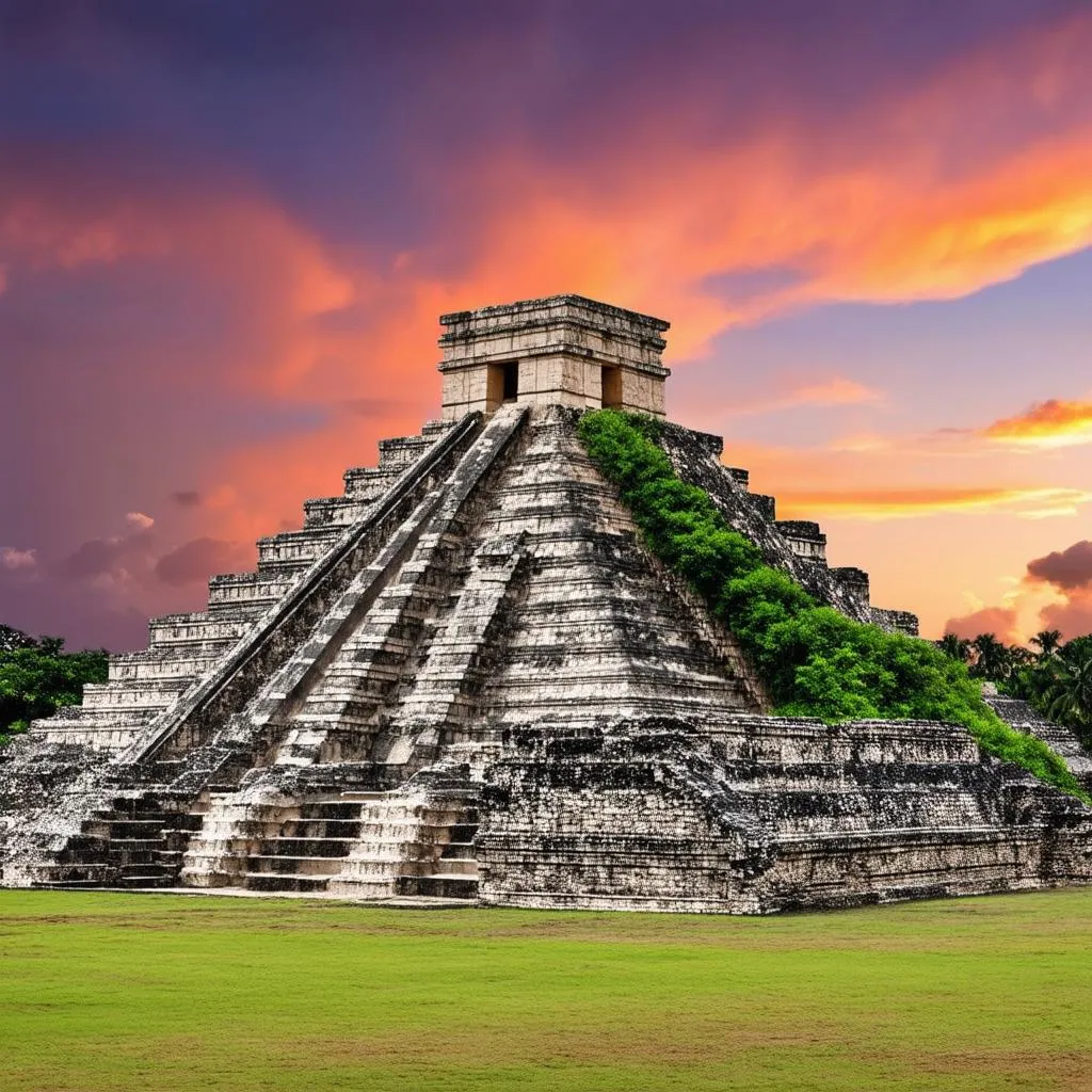 Ancient Mayan ruins against a vibrant sunset sky