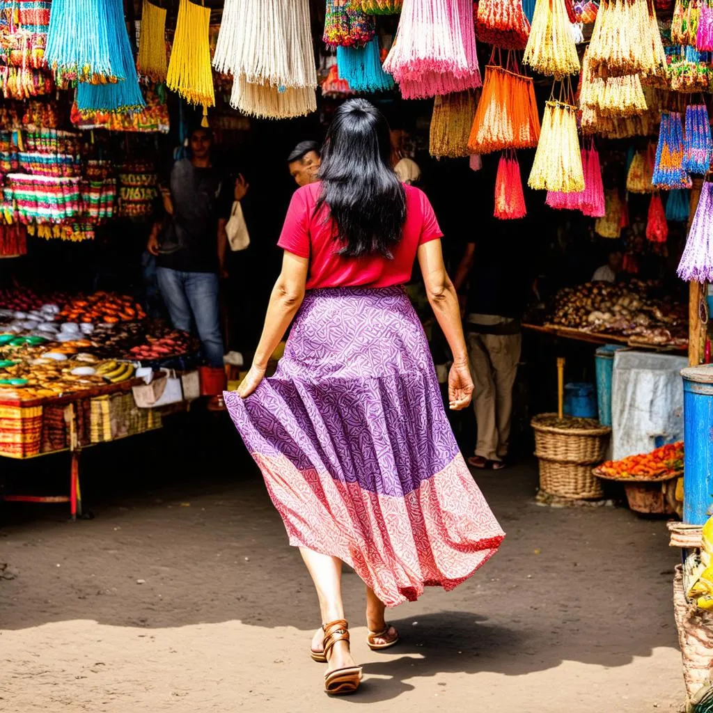 woman wearing comfortable sandals walking through a bustling market in the Mekong Delta.