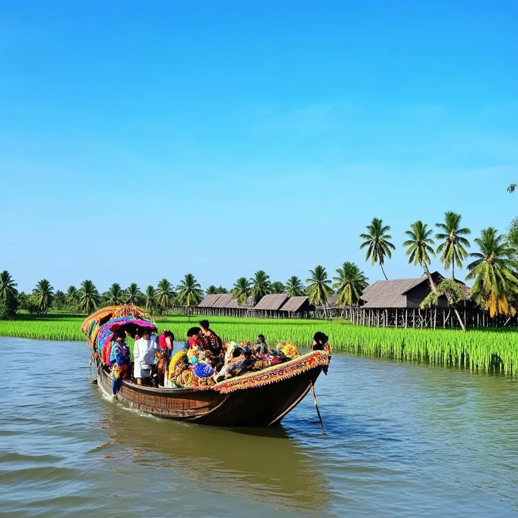 Scenic view of a traditional wooden boat cruising down the Mekong River