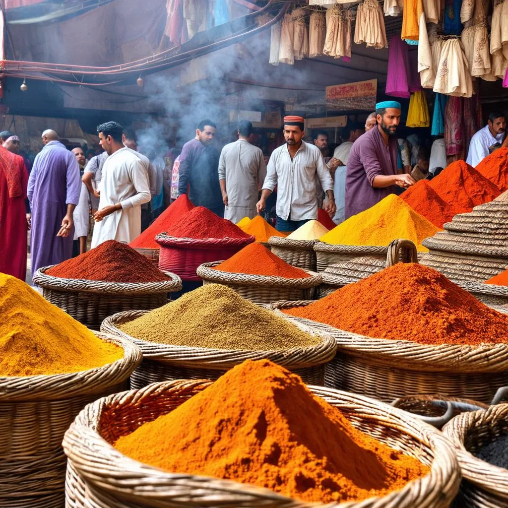 A bustling Moroccan spice market with vibrant colors and exotic aromas.