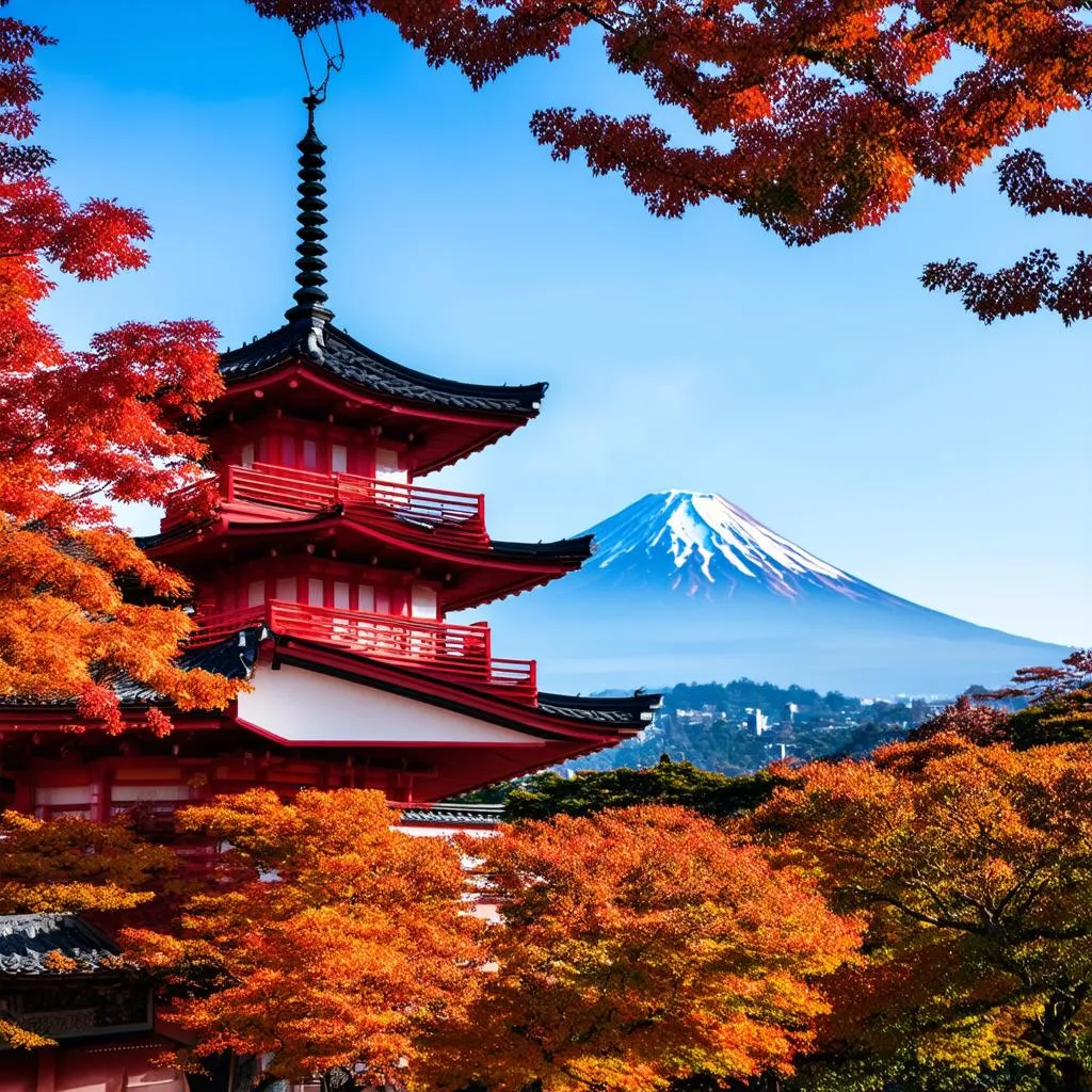 Mount Fuji and Chureito Pagoda in autumn.