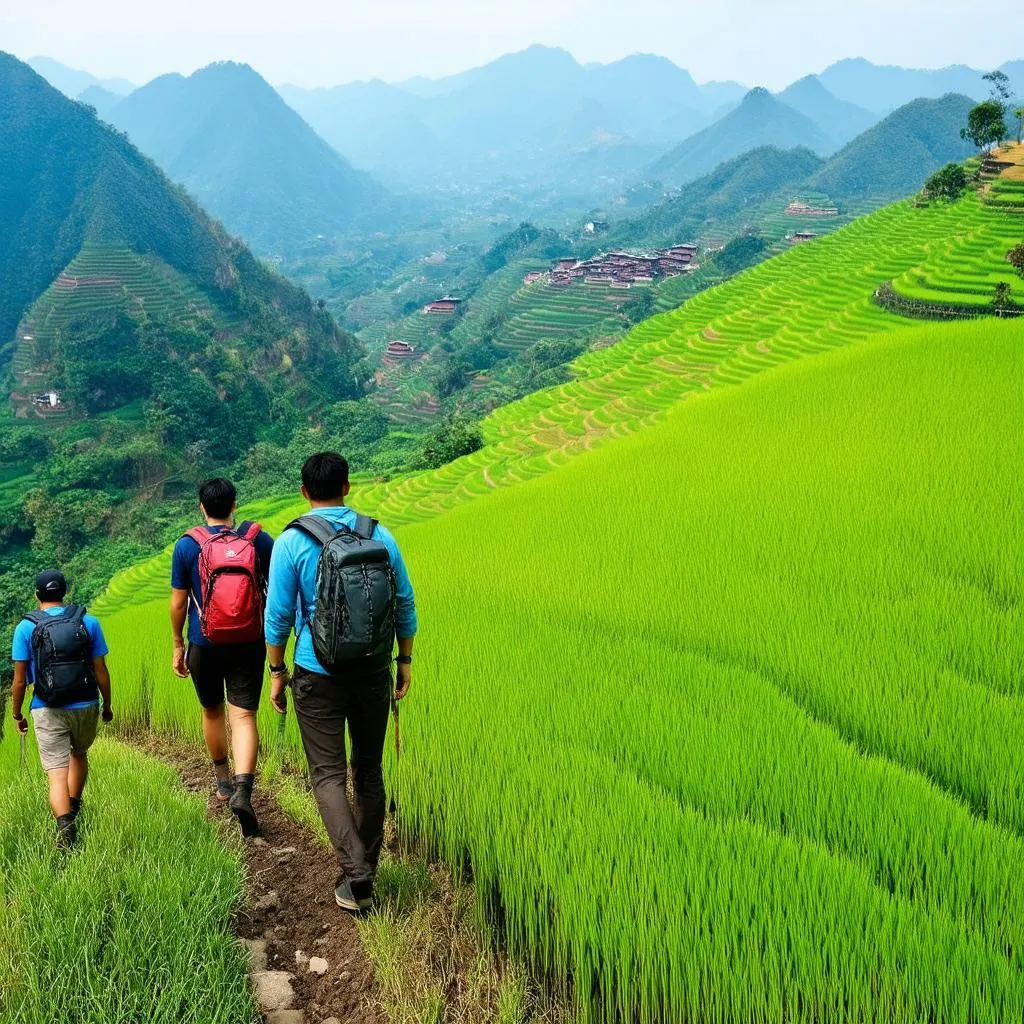 Tourists trekking in Mu Cang Chai