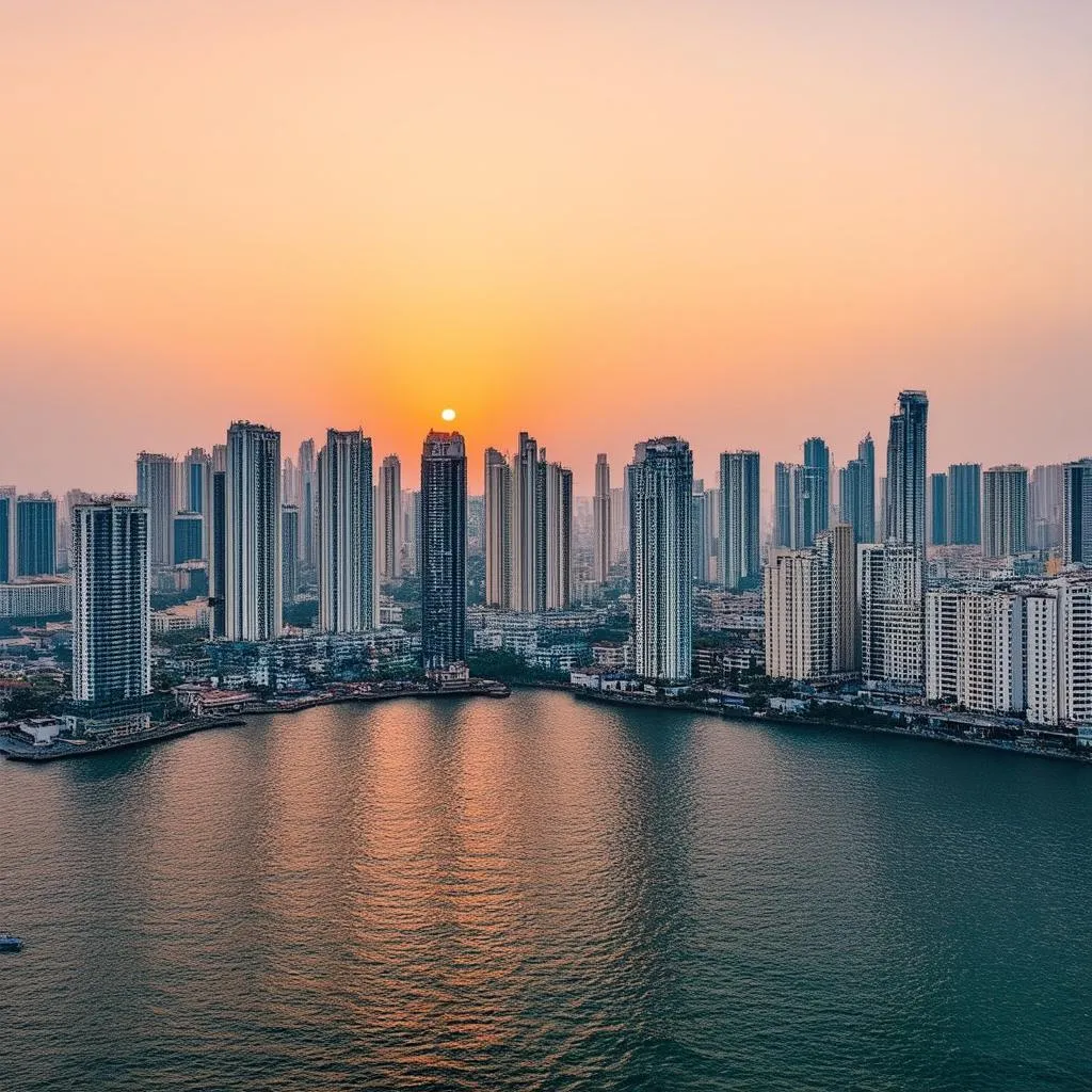 Sunset view of Mumbai skyline from Marine Drive