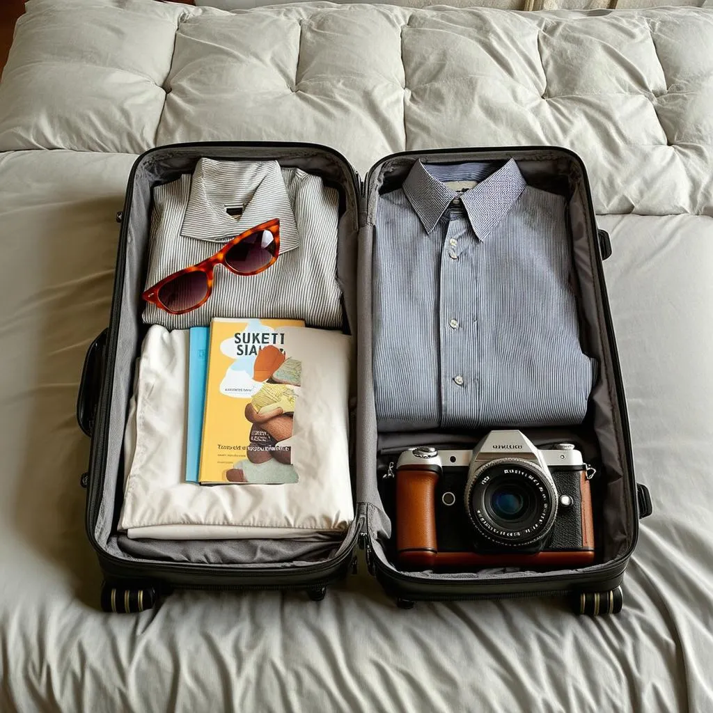 Suitcase open on a bed with clothes and travel essentials