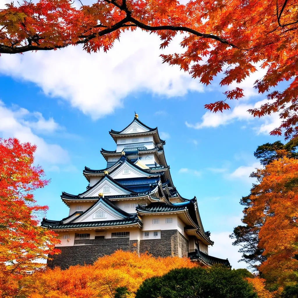 Osaka Castle with autumn leaves