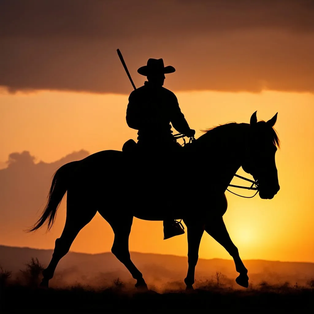 Paladin on horseback with a sunset in the background