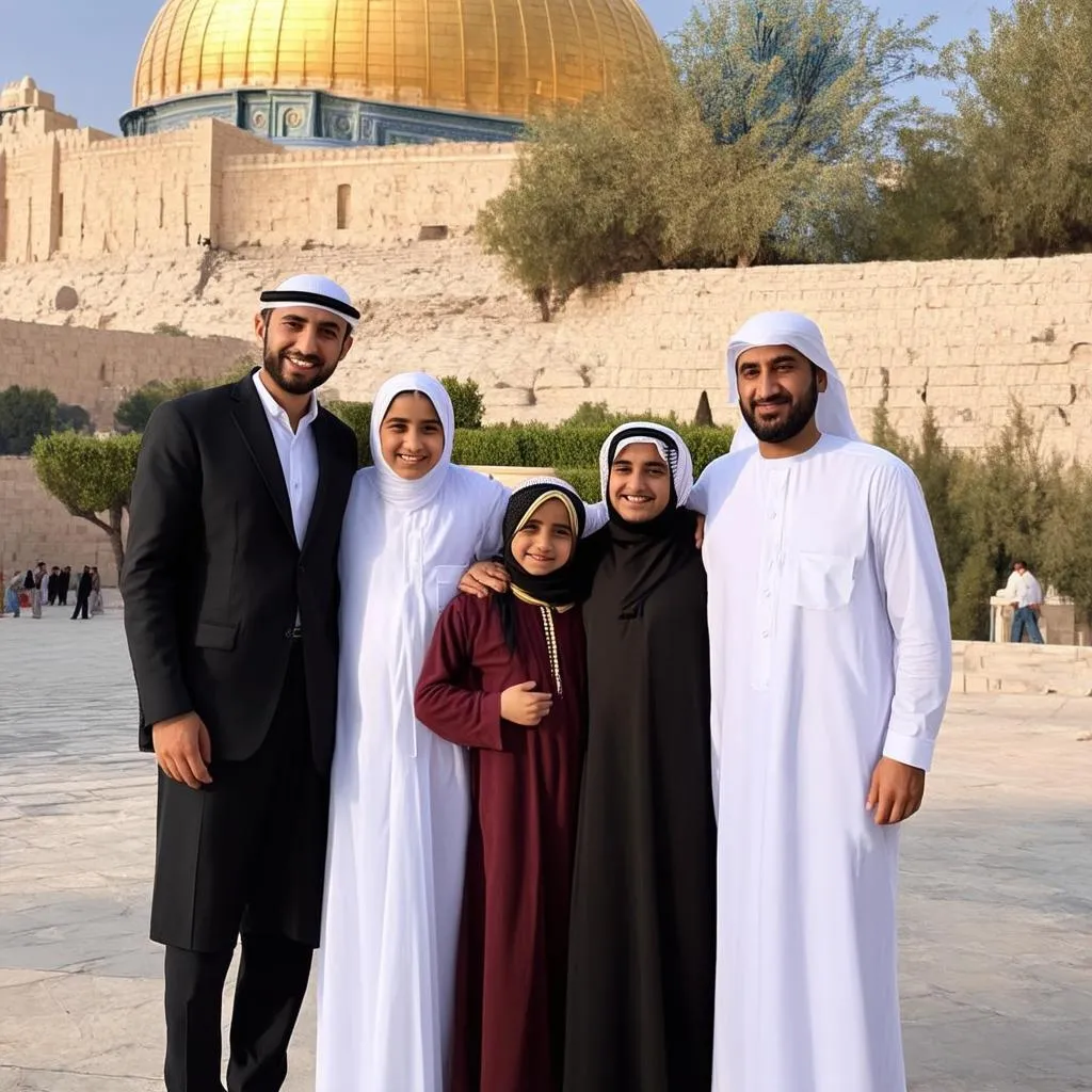 Palestinian family smiling in front of a landmark