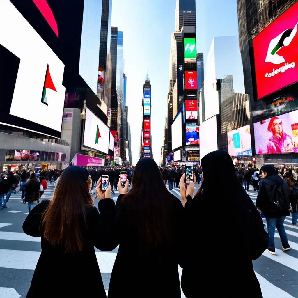 Palestinian students experiencing the energy of Times Square, New York City.