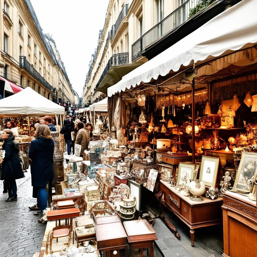 Antique furniture and vintage home decor at a Parisian flea market.