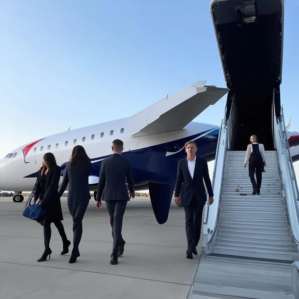 Passengers boarding a sleek supersonic aircraft