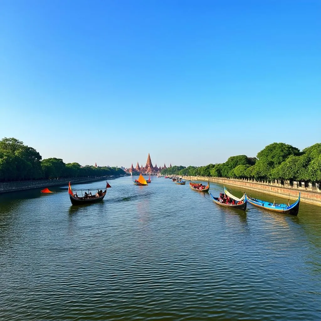 Scenic view of the Perfume River in Hue with traditional boats and lush greenery.