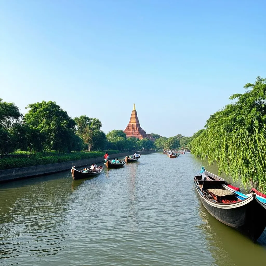 Scenic view of the Perfume River with traditional boats and lush greenery