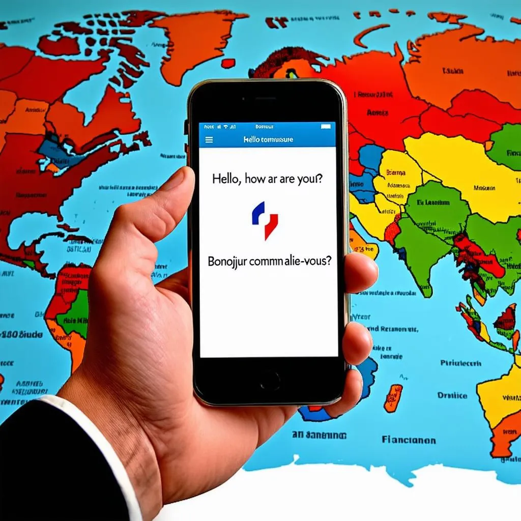  A hand holding a smartphone with a translation app on the screen in front of a world map 