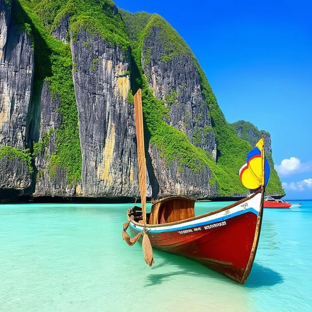 Longtail boat on turquoise waters of Phi Phi Island