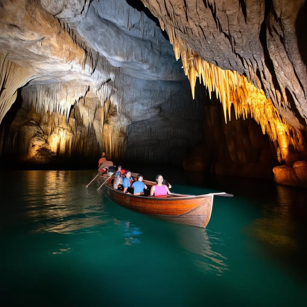 Tourists exploring the Phong Nha Cave by boat