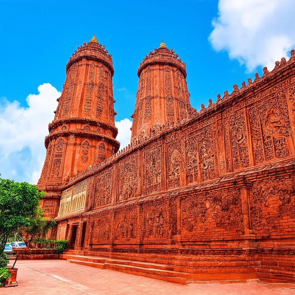 Ancient towers against a blue sky