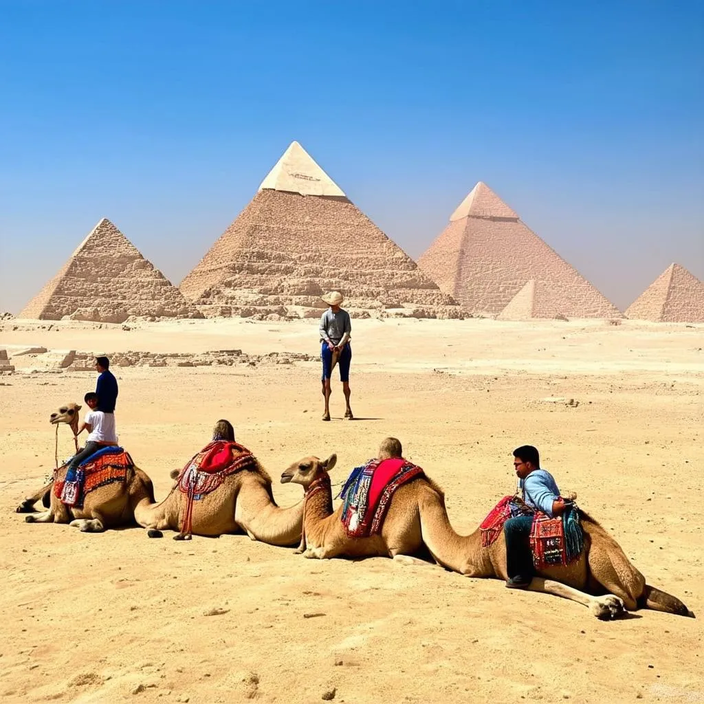 Pyramids of Giza with tourists