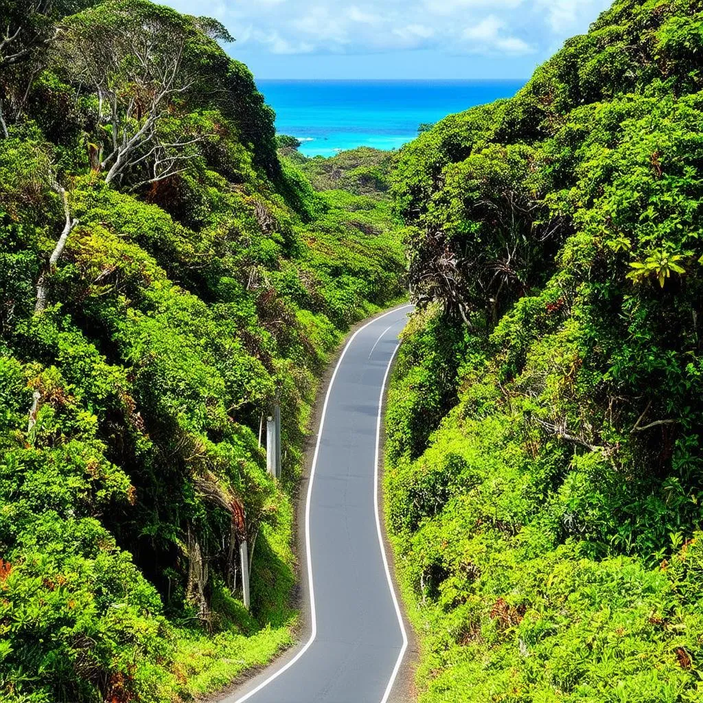 Winding road through lush forest on the Road to Hana