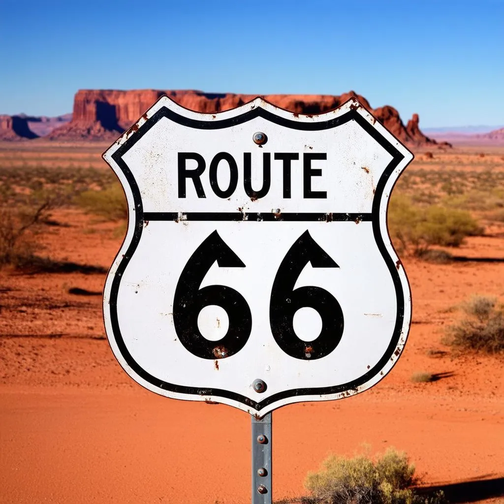 A classic Route 66 road sign in the desert.