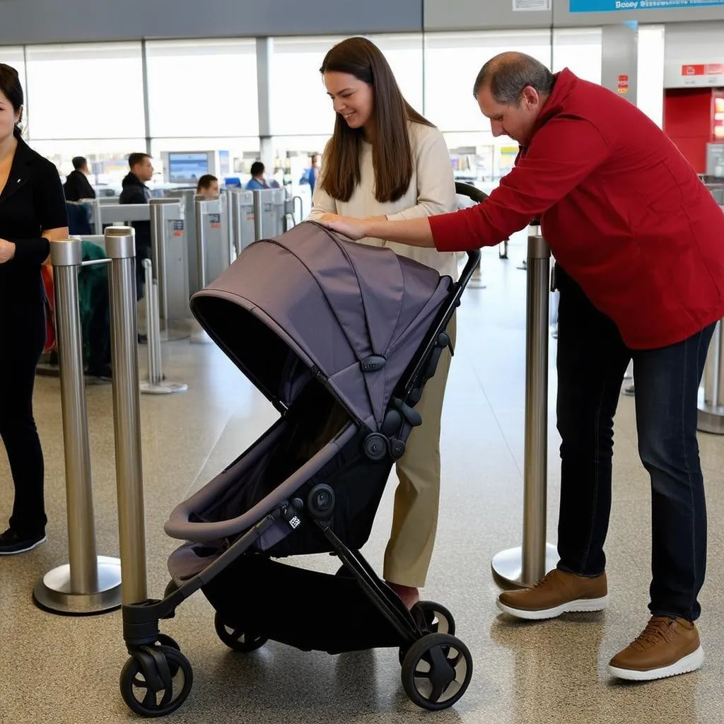 Parents folding a Seebaby stroller at airport gate