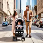 Family pushing a Seebaby stroller down a bustling city street