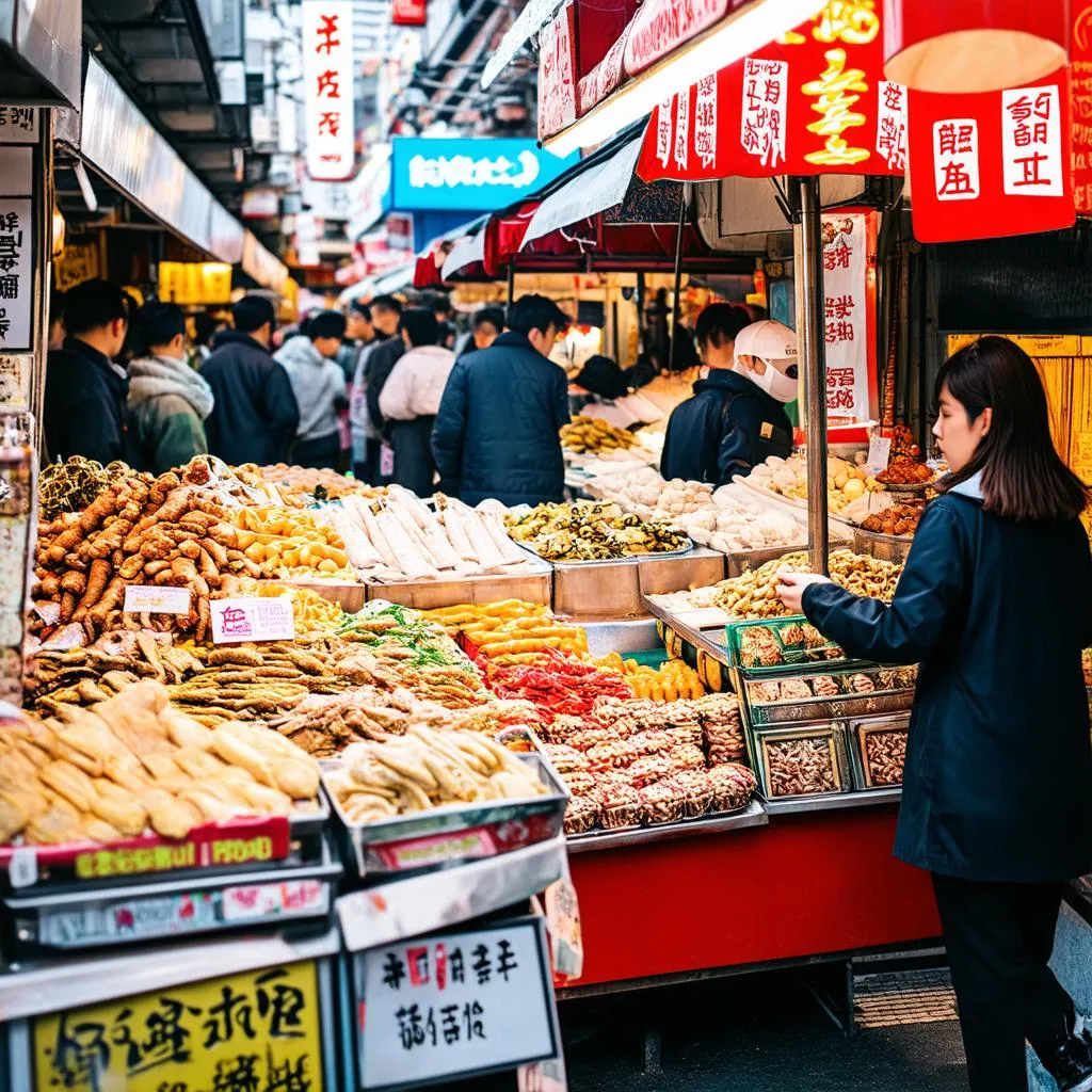 Busy Street Food Market in Seoul