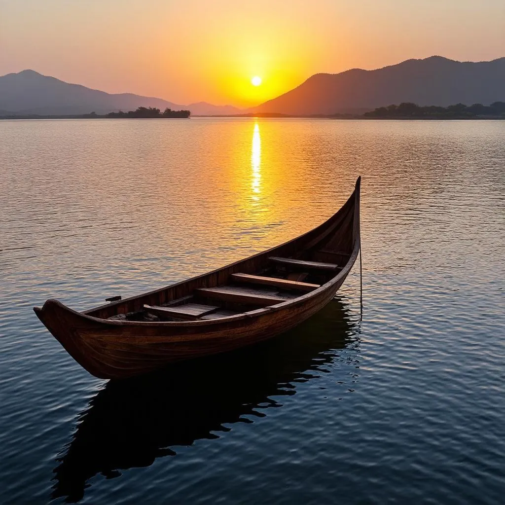 Sunset over Son La Reservoir with traditional Vietnamese boat in the foreground.