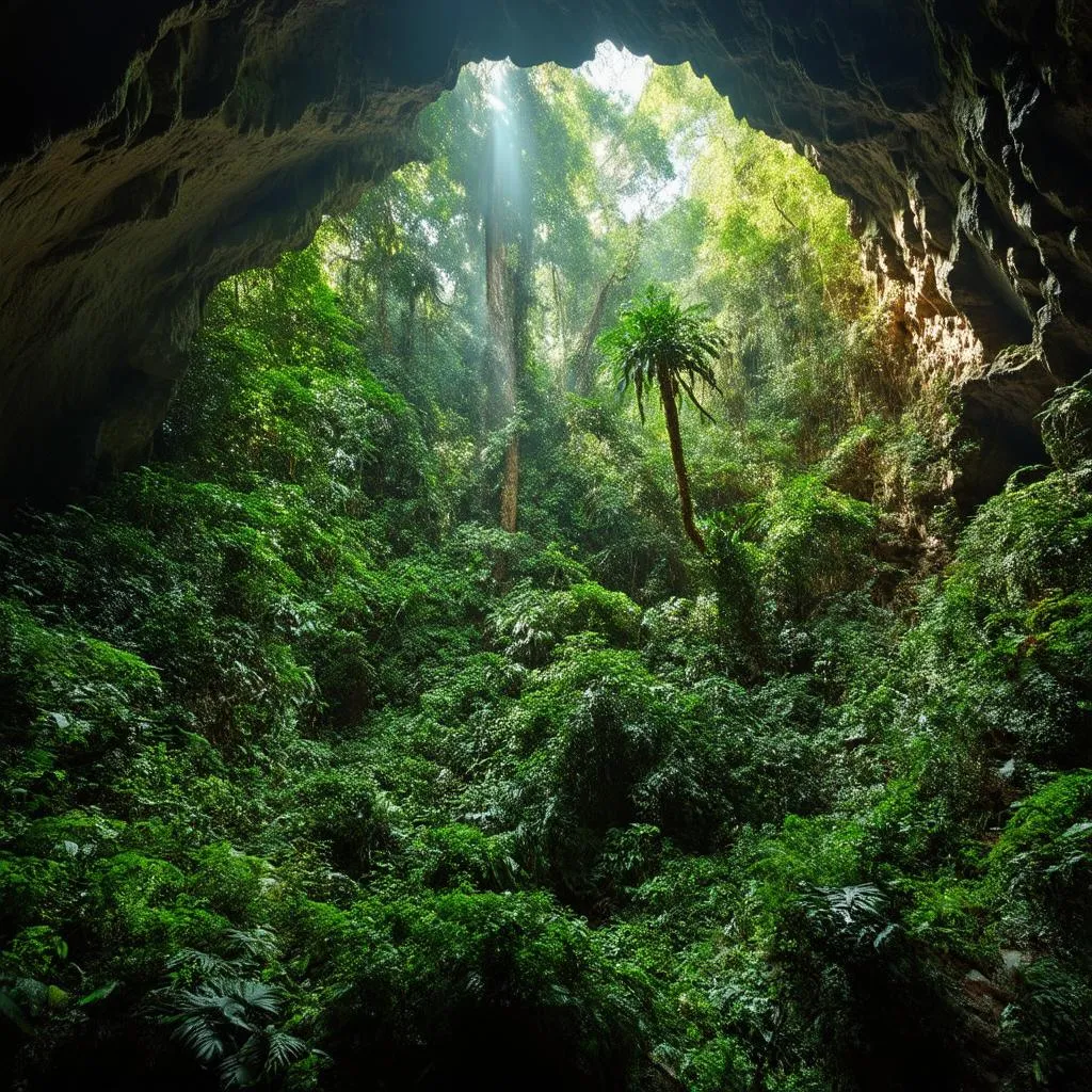 Lush green jungle inside of a cave with sunlight