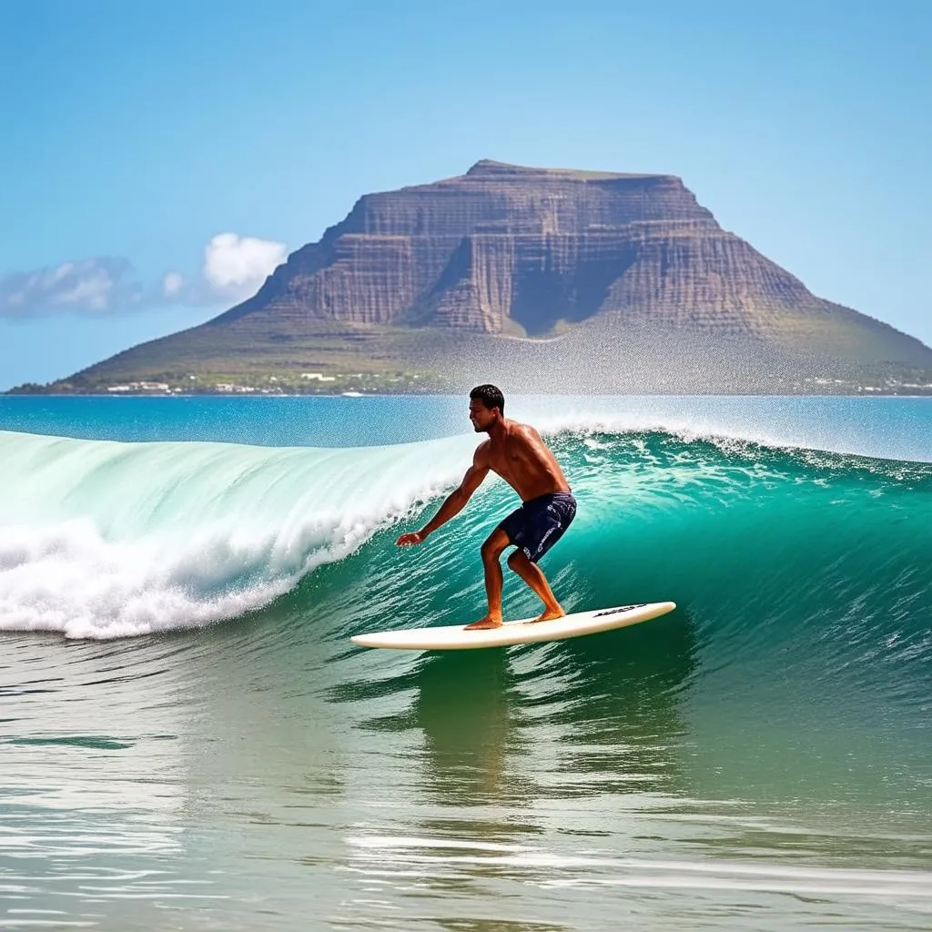 Surfer riding a wave at Waikiki Beach