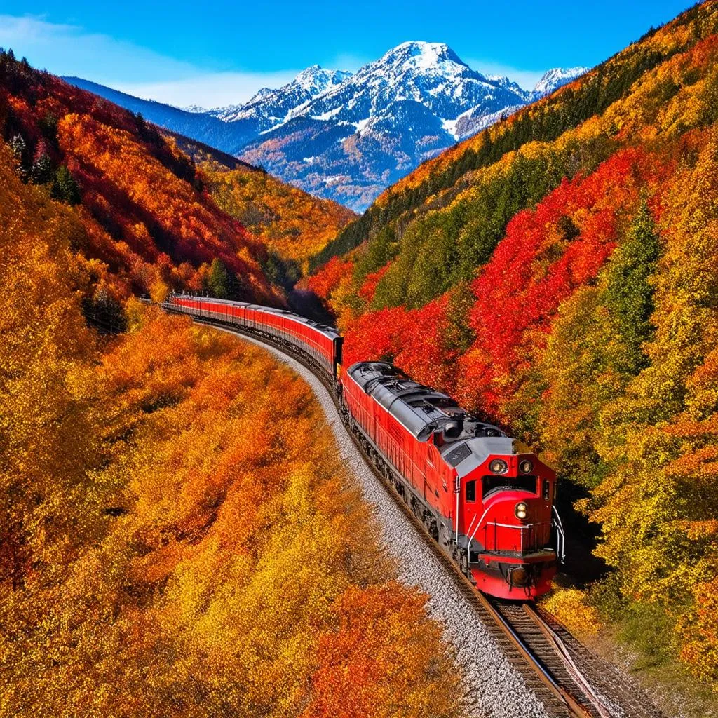 A red train winding through a valley with colorful autumn foliage in Switzerland