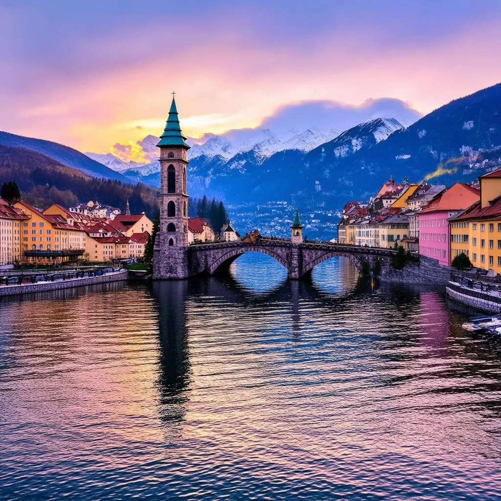 Picturesque view of Lucerne city with the famous Chapel Bridge and water tower reflecting on the lake at sunset