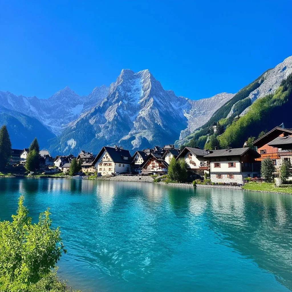 Scenic view of turquoise lake surrounded by towering Swiss Alps, with a charming village nestled at the base