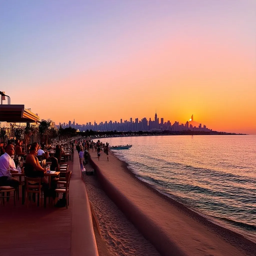 Mediterranean Sea and Tel Aviv skyline at sunset