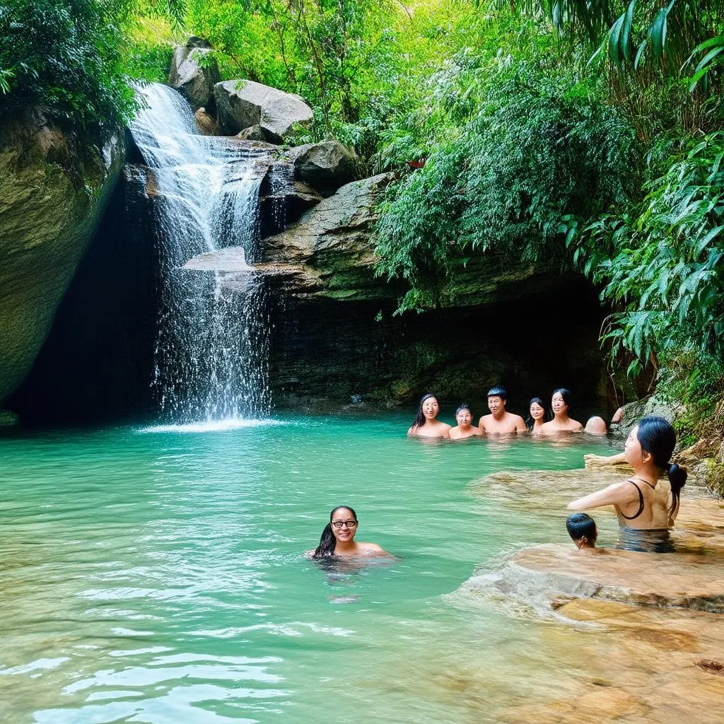 Tourists swimming in a natural pool at Thac Da Han Waterfall