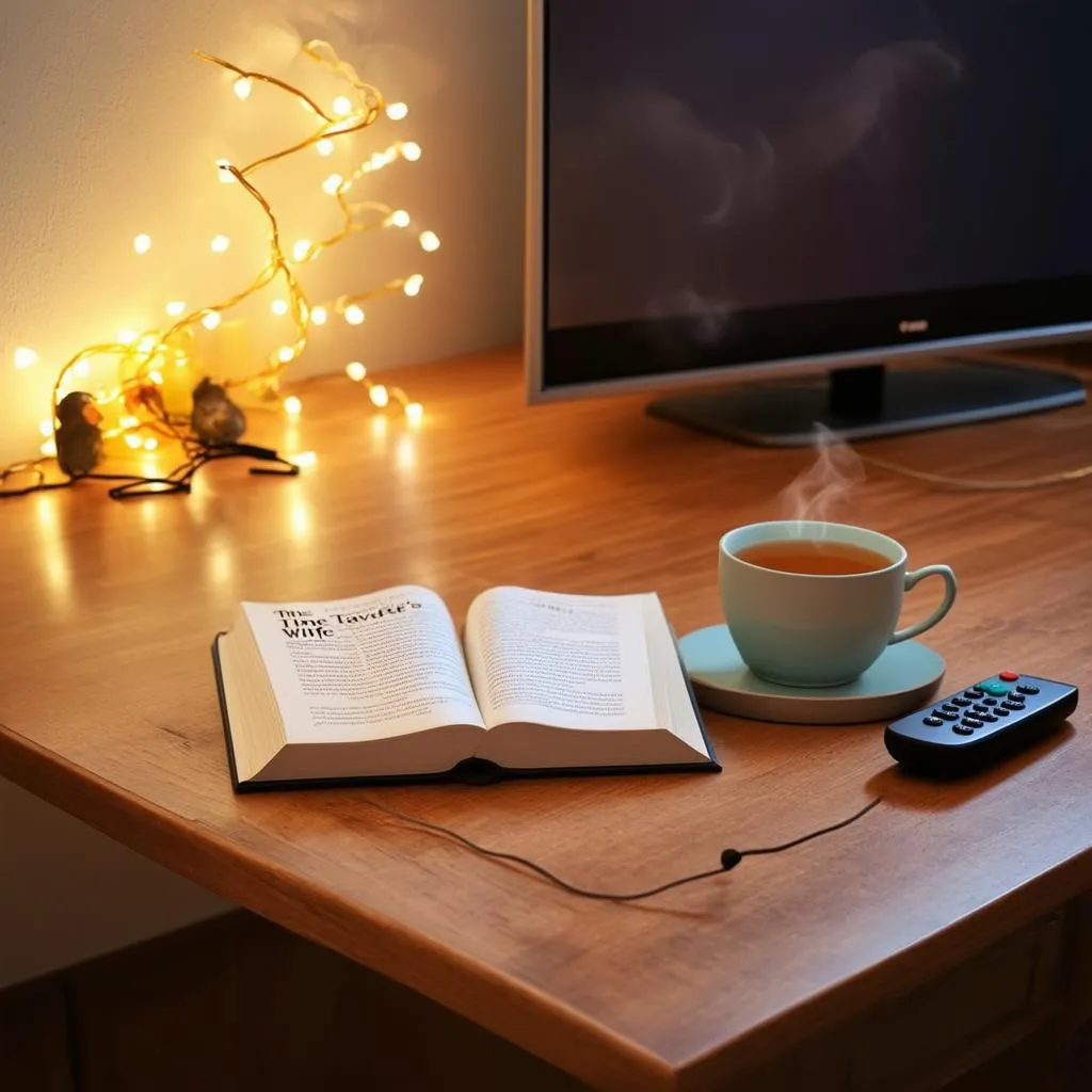 The book &quot;The Time Traveler's Wife&quot; alongside a TV remote and a cup of tea