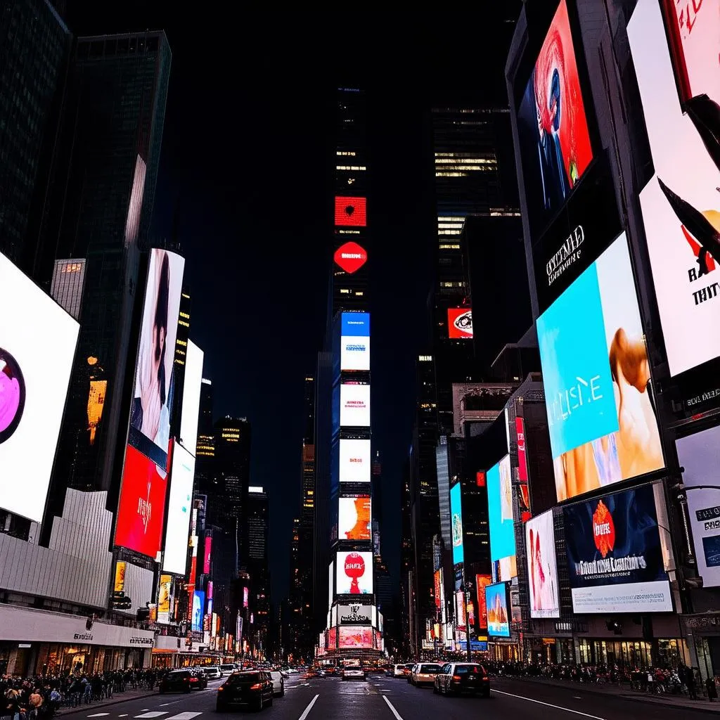 Bright lights of Times Square New York City at night