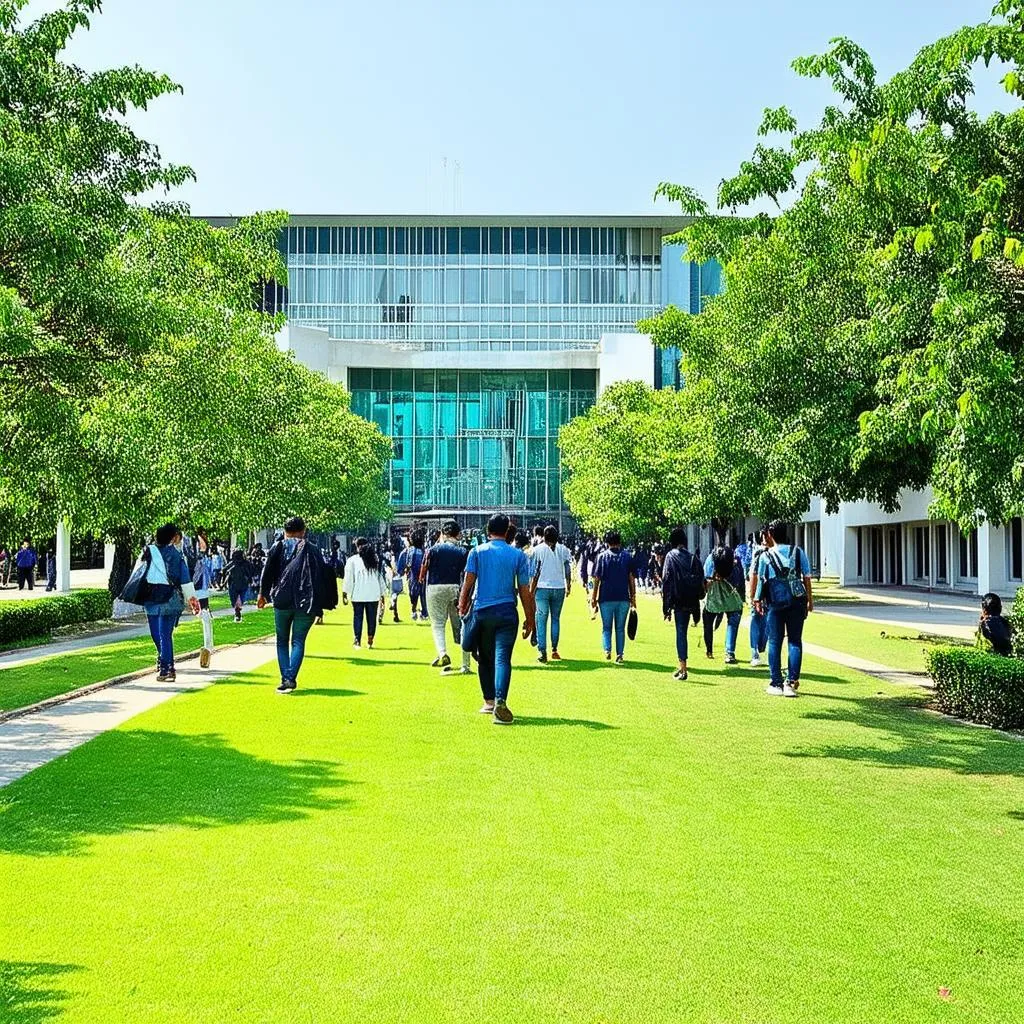 Modern university campus with lush greenery