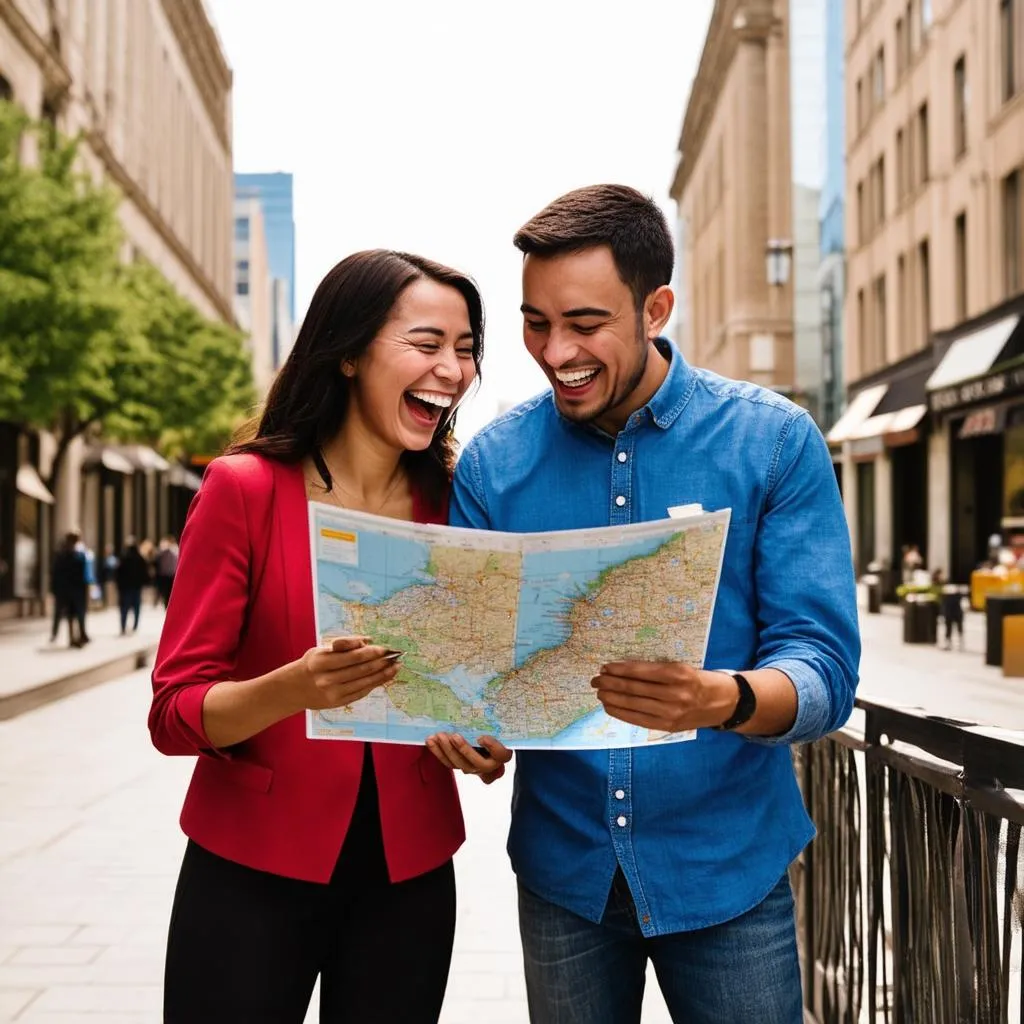 Couple using map during city trip