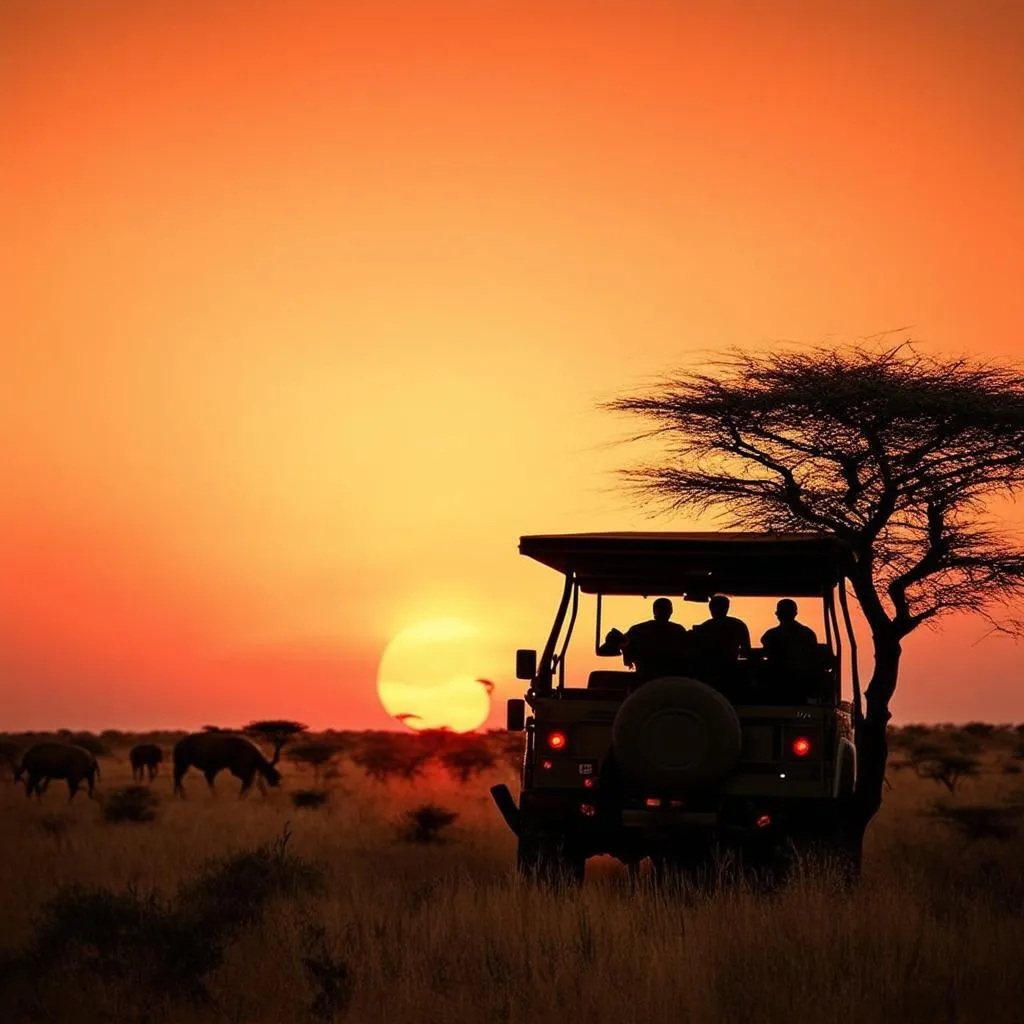 Safari sunset, African savanna, tourists watching sunset