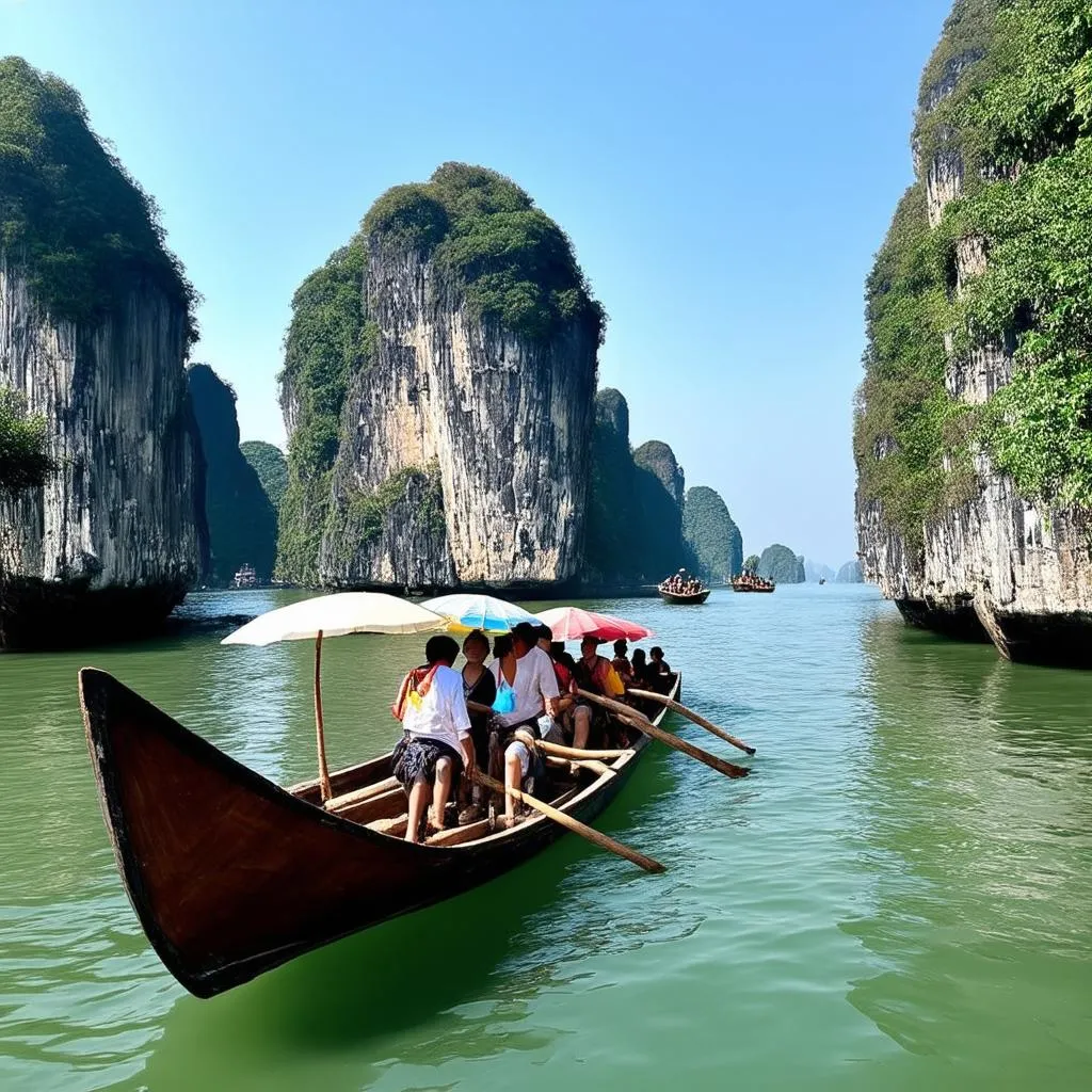 Traditional wooden boats filled with tourists navigating the waterways of Trang An Scenic Landscape Complex.