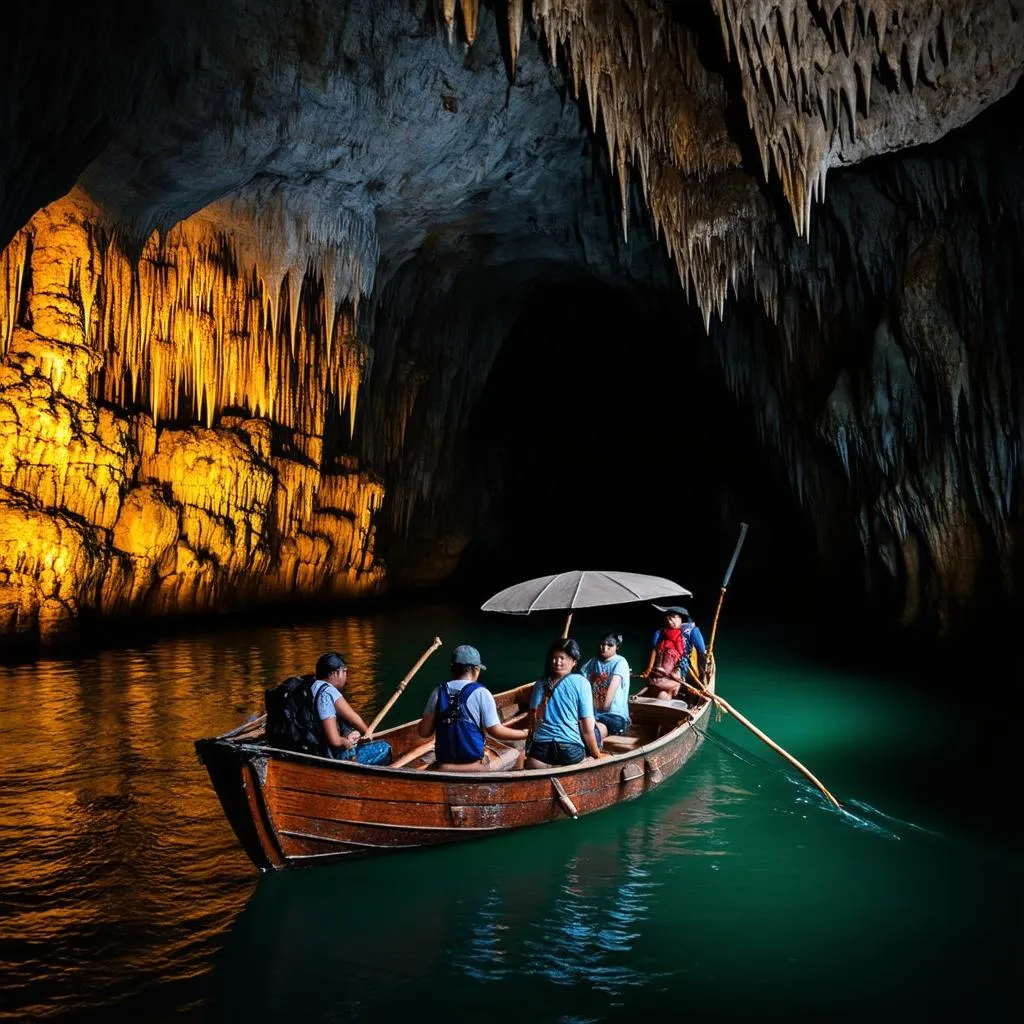 Tourists on a boat inside a dimly lit cave adorned with stalactites and stalagmites in Trang An.