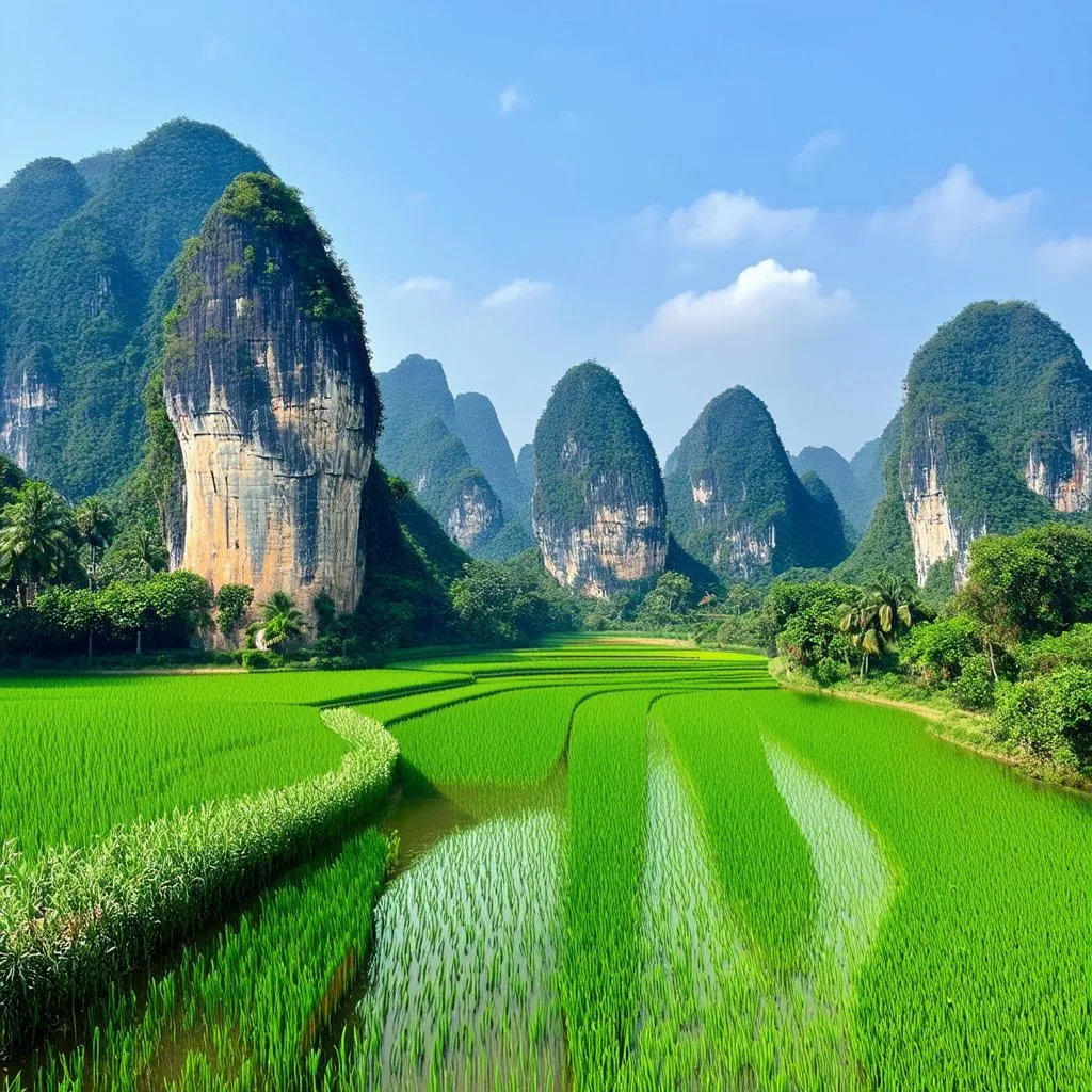 Panoramic view of the Trang An Scenic Landscape Complex with its limestone karsts, rice paddies, and waterways.