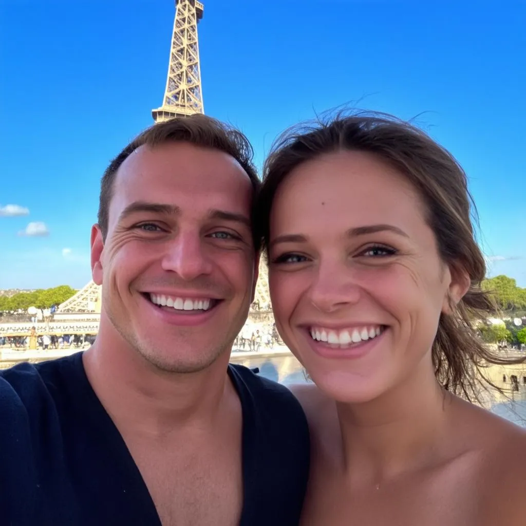 Couple taking a selfie with a famous landmark in the background