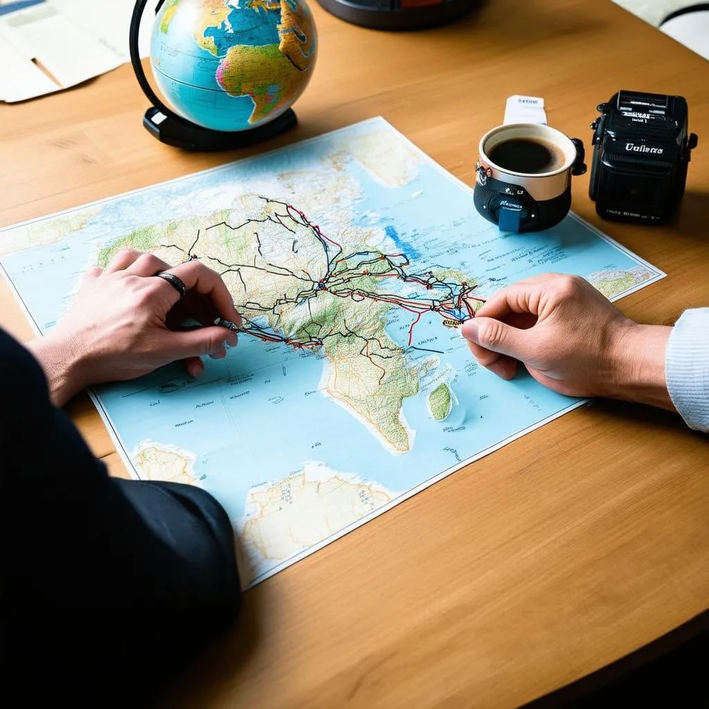 Planning a trip using a map and globe