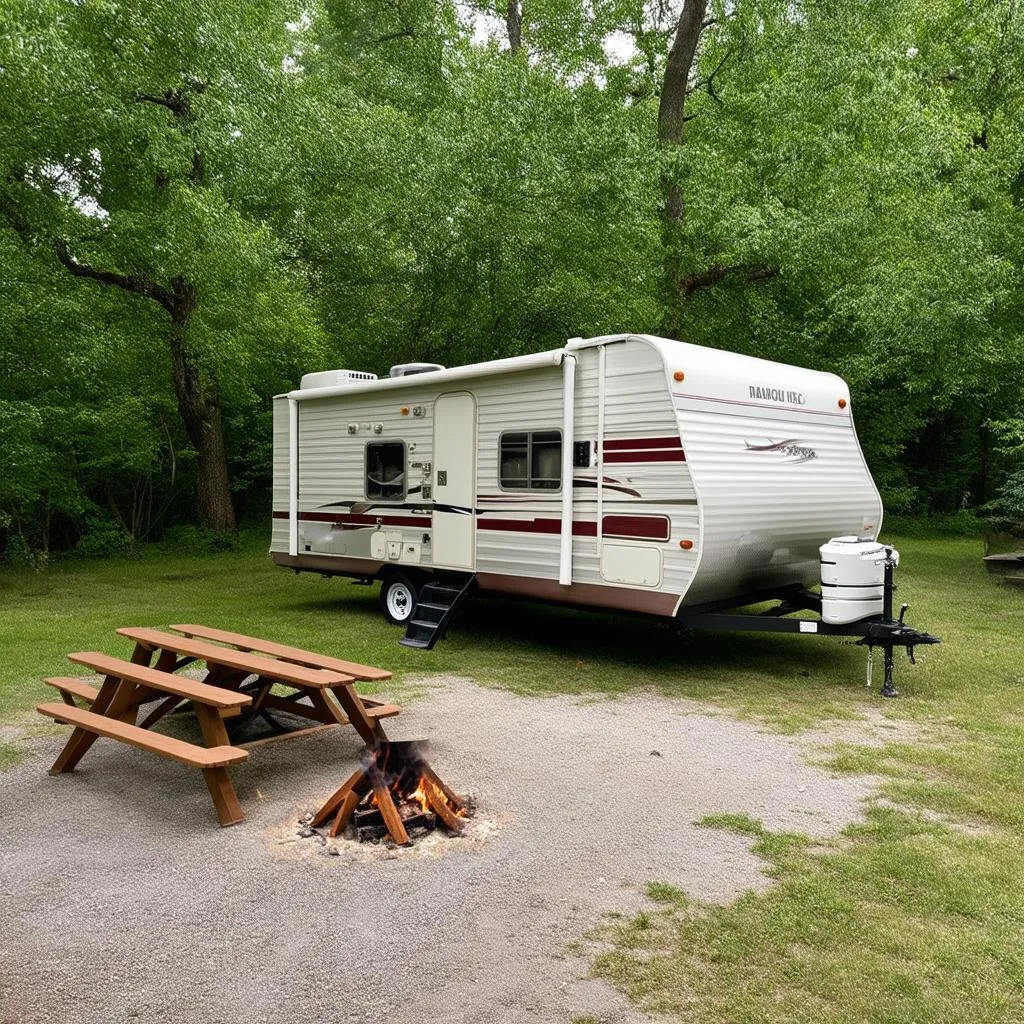 Travel Trailer Parked at a Campsite