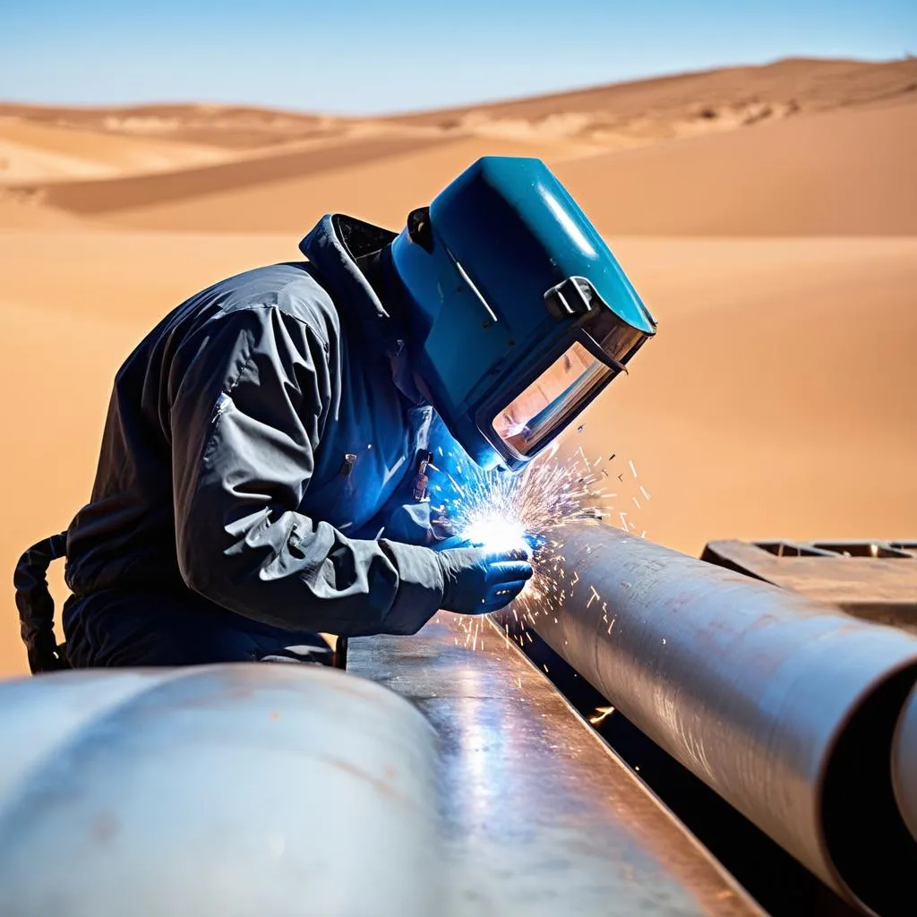 A welder working on a pipeline in a scenic desert landscape.