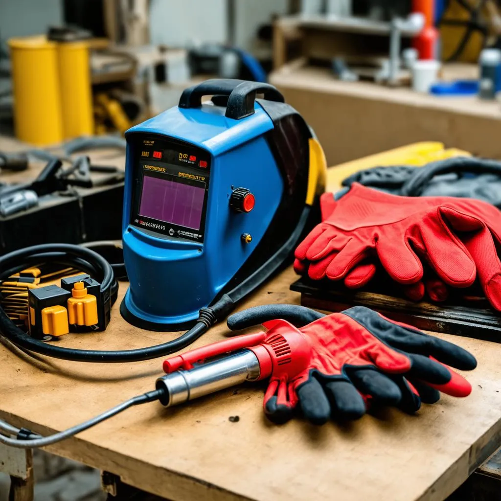 Welding equipment laid out on a table.