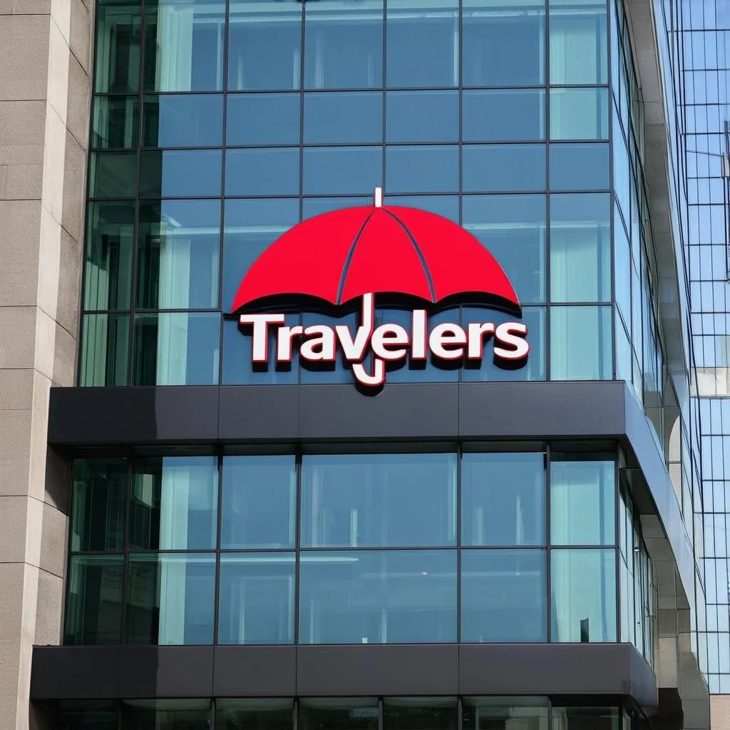 Modern office building with the Travelers logo