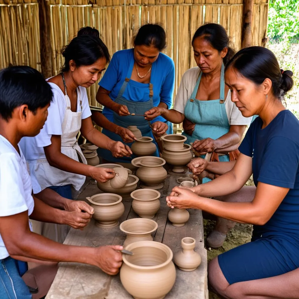 Travelers learning pottery