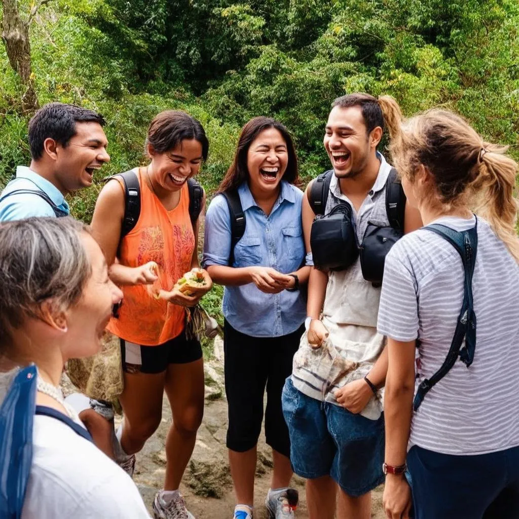 Group of diverse travelers laughing together